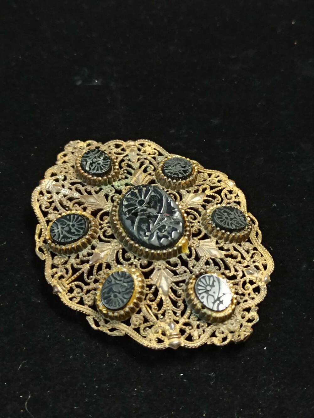 Vintage 1960s Filigree Black Onyx Cabochon Brooch Pendant Victorian Revival - Picture 8 of 12